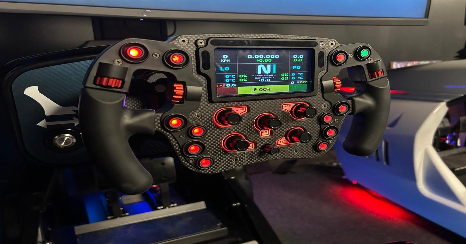Close-up of the simulator steering wheel